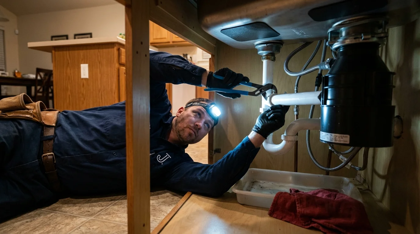 P-trap and supply line connections under a kitchen sink showing a common leak point in Port Byron, NY